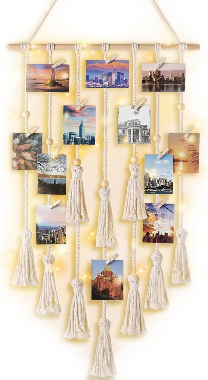Hanging Photo Display Boho Macrame Wall Decor with Light, Teen Girl Teenage Gifts, Pictures Cards Frame Holder Art Hanger for Christmas Birthday Party Bedroom Dorm, with 30 Wood Clips, Ivory